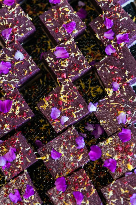 Desserts with edible flowers from above